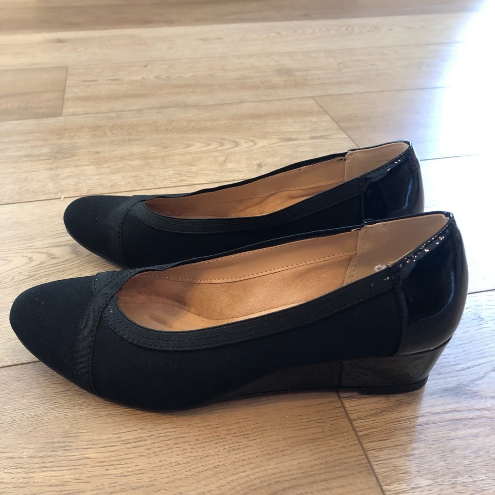 Kelly & Katie Sabeni Wedge Heel Dress Shoes Womens 7M Black Twill Patent Trim - Picture 4 of 7